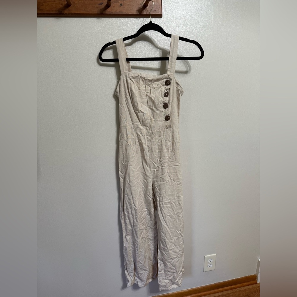Beige Linen Dress with Button Detail